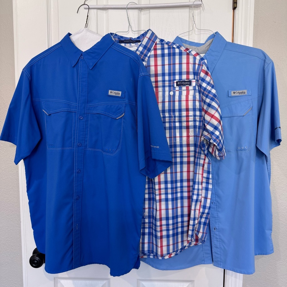 3 Columbia Men's Casual Blue and Plaid Button Down Fishing Shirts